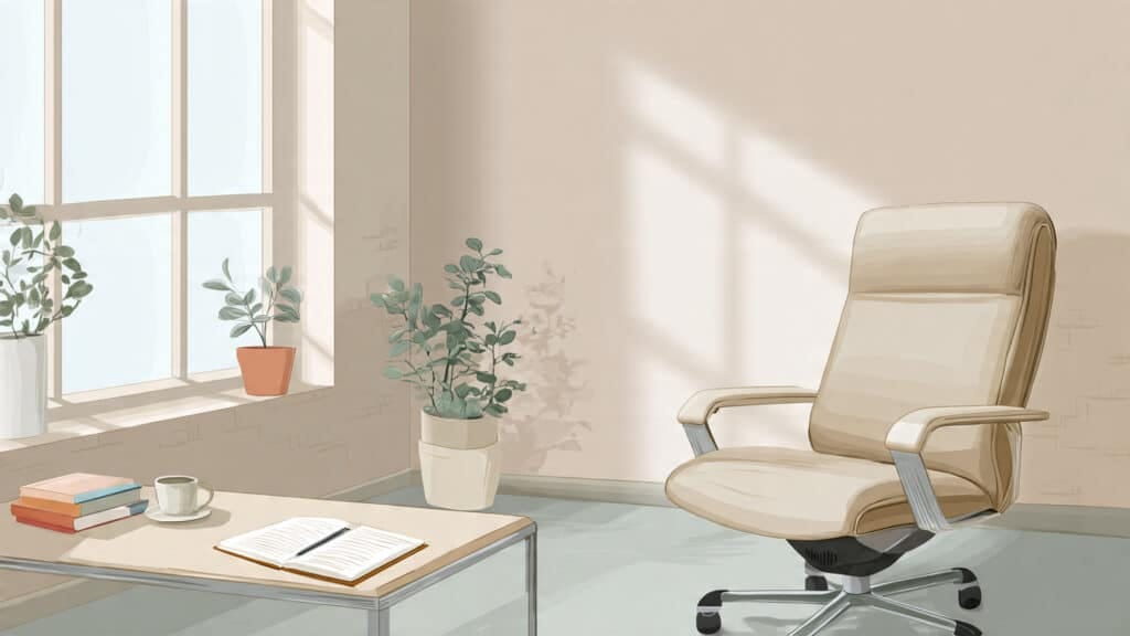 Minimalist office with plants and chair