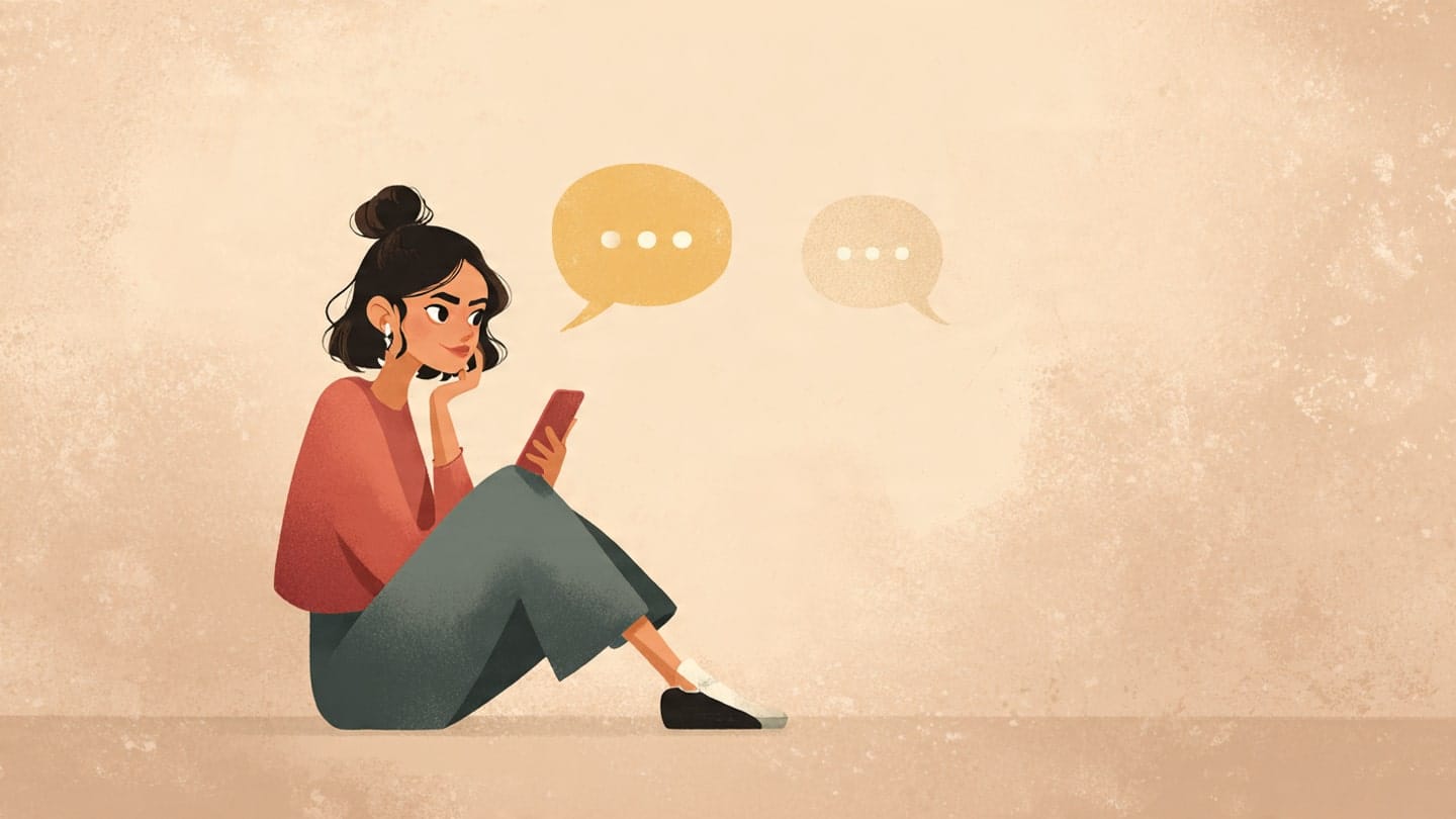 Person using phone with speech bubbles thinking to talk to a mentor or friend